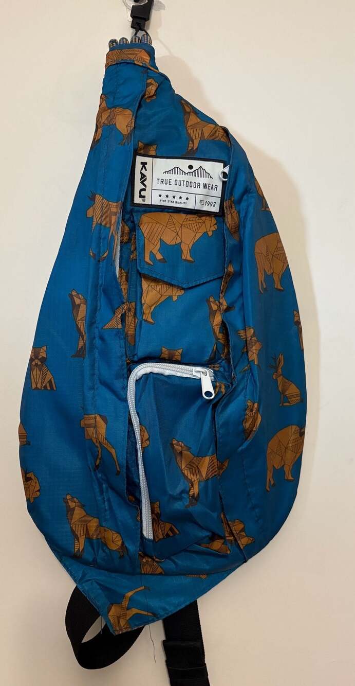 New with Tag KAVU Paxton Pack Water Resistant Sling Bag Geometric Animals Blue